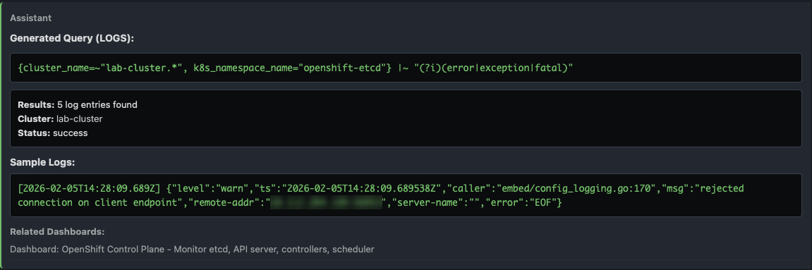 Observability Query Assistant answering a question about error logs with a generated LogQL query, a result count and a sample log line